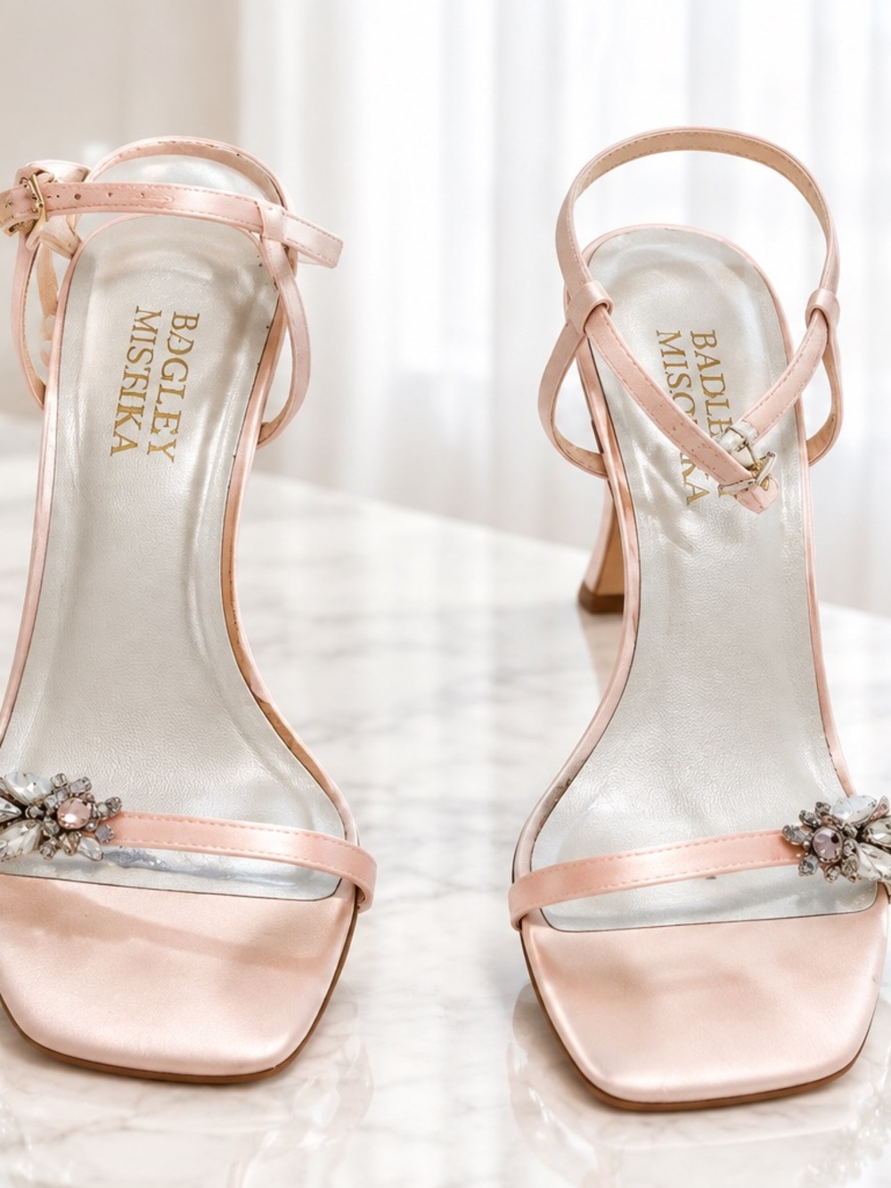 Badgley Mischka Blush Satin Jeweled Ankle-Strap Heels